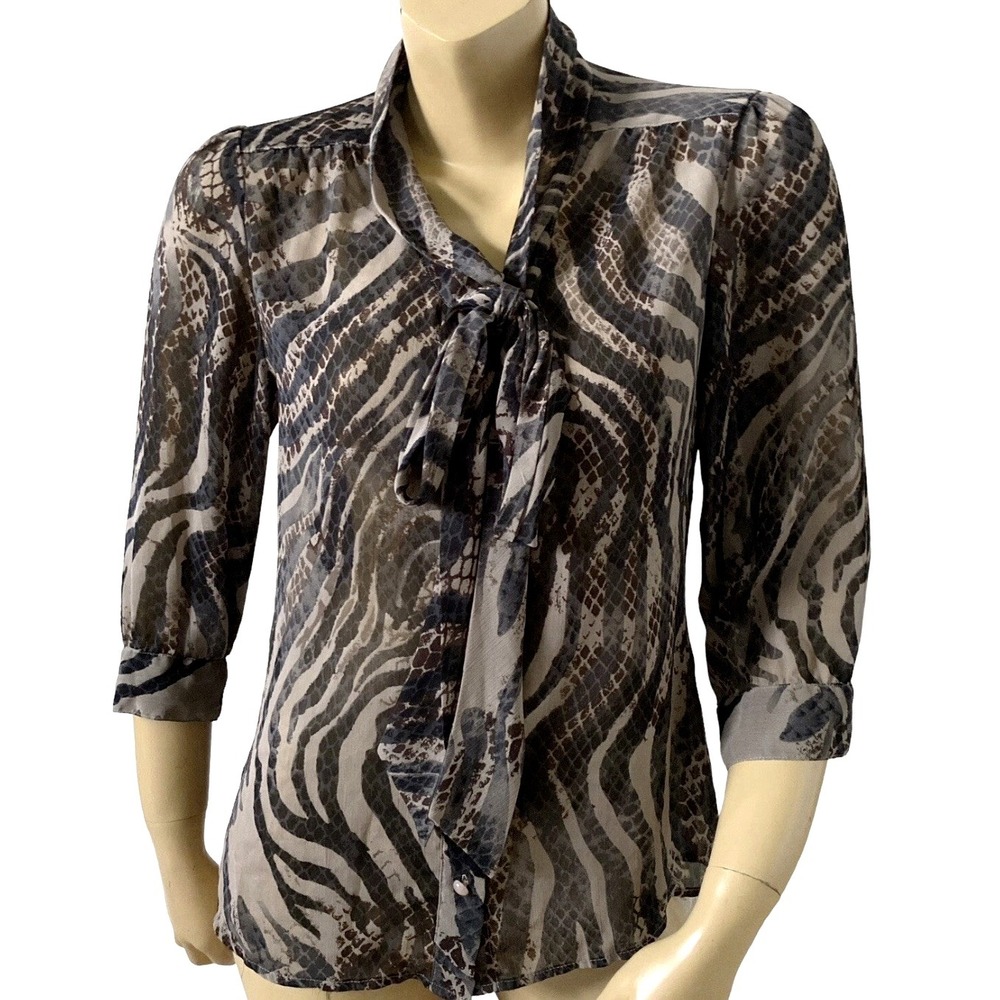 Notations Tie Neck Sheer Zebra Snake Print Chiffon Button Up Blouse Top Women XL